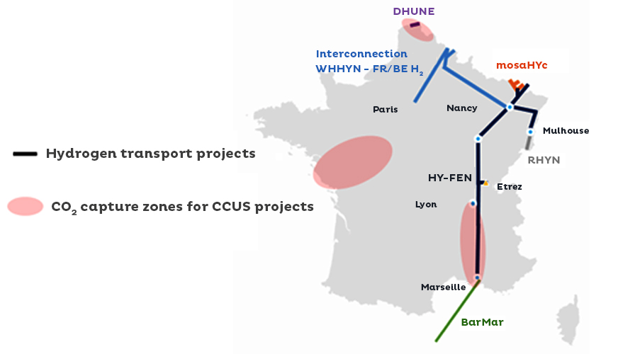 Map of GRTgaz's hydrogen and CO2 projects selected to obtain the CIP label