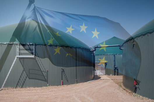 Expertise et prestations de RICE dans l'analyse du biométhane injecté (photo : AZMOUN HAMID) et Getty images : drapeau européen