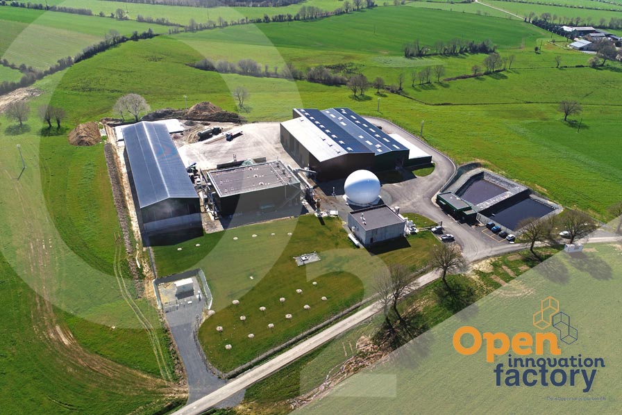 Combrand anaerobic digestion plant - photo: Thierry Duquéroix - and Open Innovation Factory logo