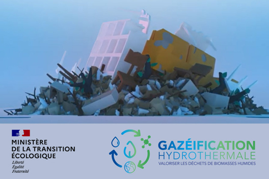 Visuel gazéification hydrothermale et logos : Ministère de la transition écologique ; gazéification hydrothermale, valoriser les déchets de biomasses humides