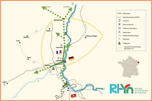 Carte du projet RHYn - 2e projet de réseau de transport d’hydrogène en France 