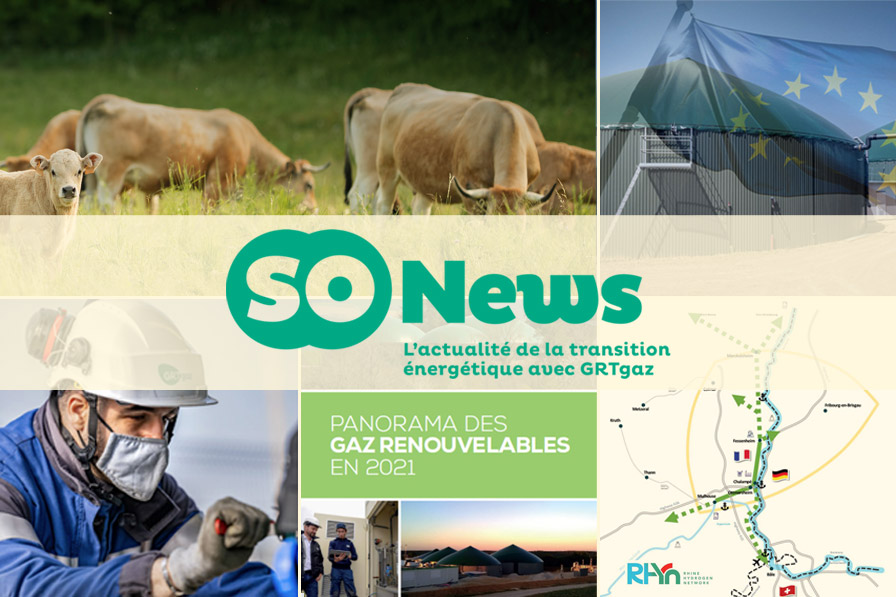 soNews numéro 3 de juin 2022 et visuels liés au sommaire : campagne de communication GRTgaz, Panorama des gaz renouvelables, RHYn...