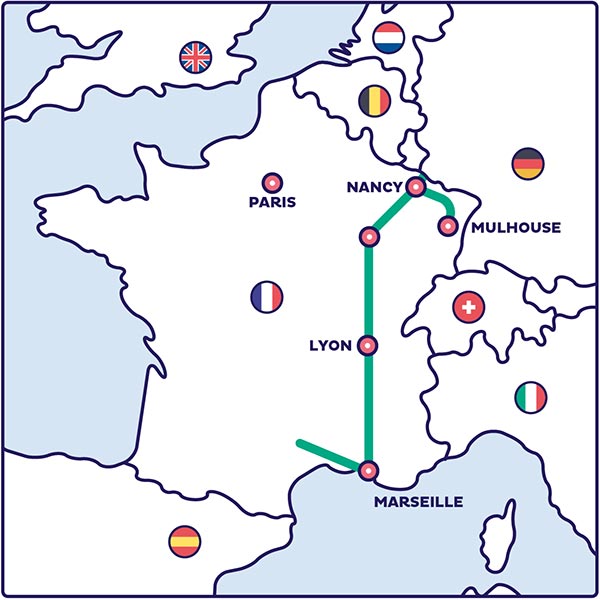 Carte HY-FEN - Corridor H2 entre l'Espagne, la france et l'Allemagne