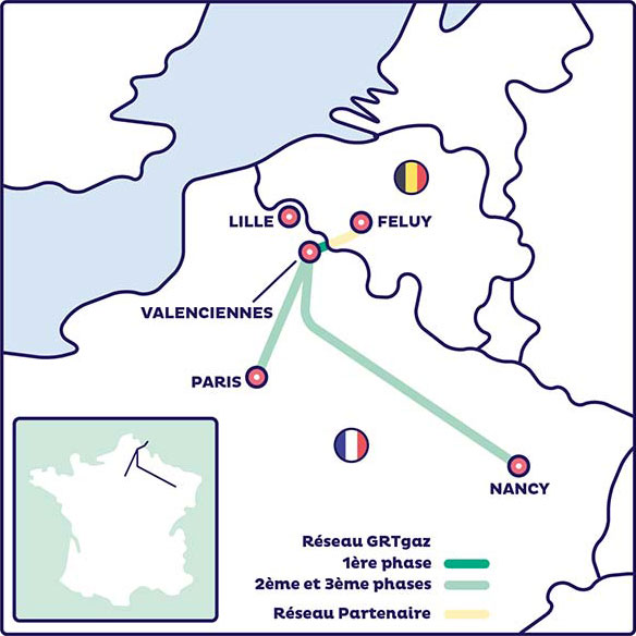 Carte WHHYN - Wallonie Hainaut Hydrogen network et son extension vers le marché franco-belge