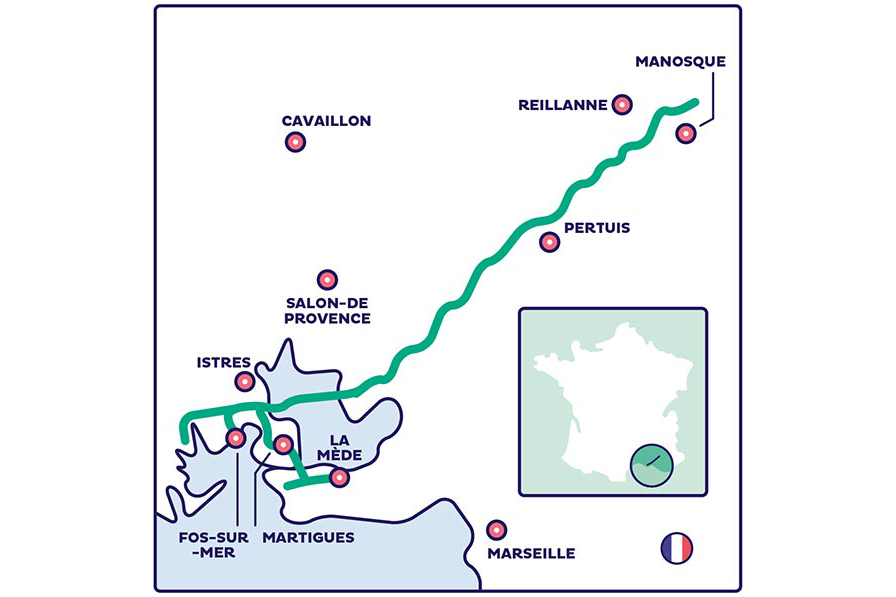 Carte HYnframed - Réseau H2 dans la région de Fos-sur-Mer connecté à un stockage   