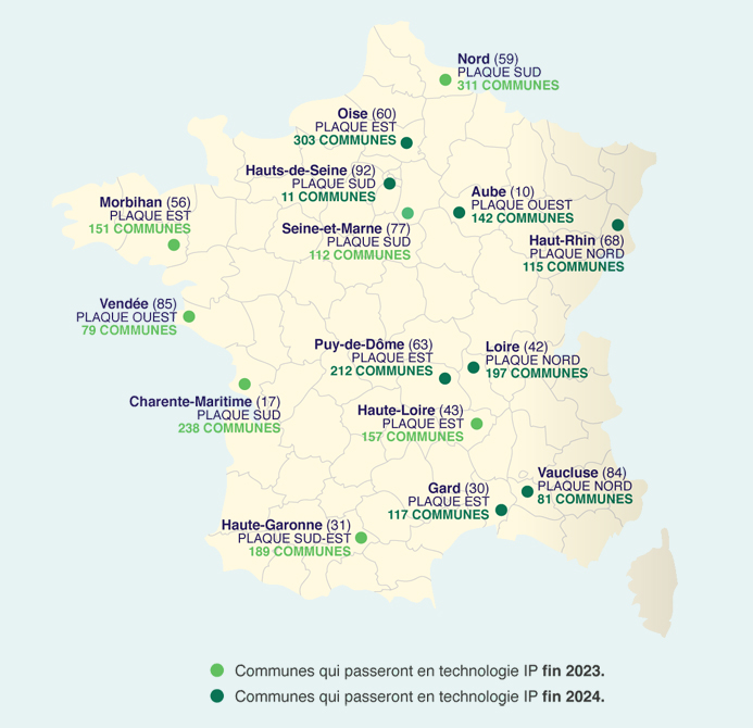 Carte des plaques concernées par l’arrêt technique du RTC - source : Fédération Française des Télécoms