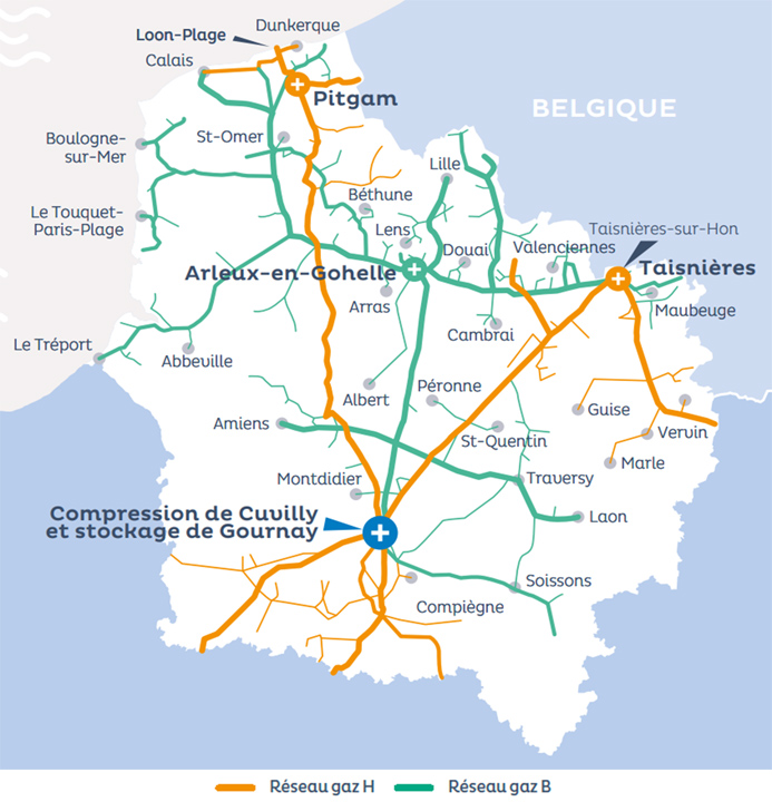 Carte du réseau de transport gaz B et gaz H
