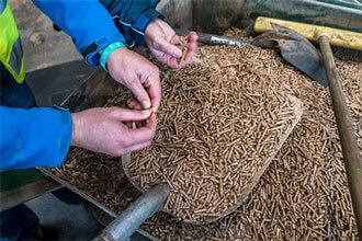 Des mains de fermiers remuant la biomasse crée