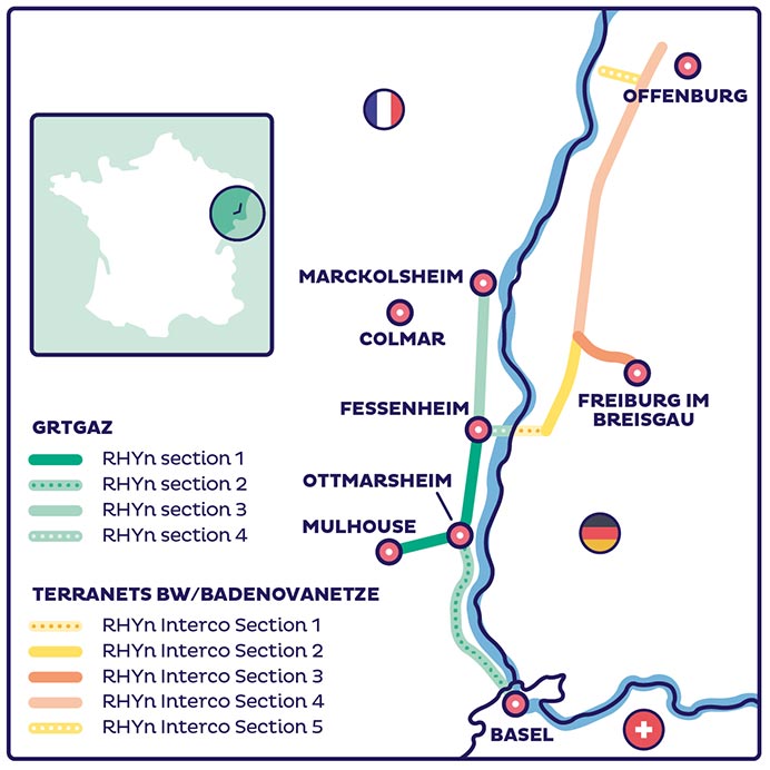 Projets d'infrastructure H2 dans le Rhin Supérieur : carte