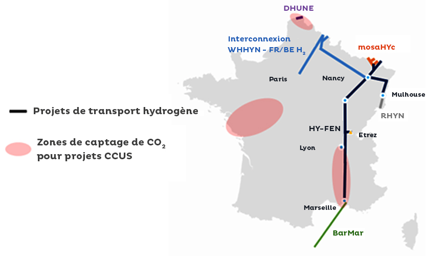 Carte des projets hydrogène et CO2 de GRTgaz sélectionnés pour obtenir le label PIC